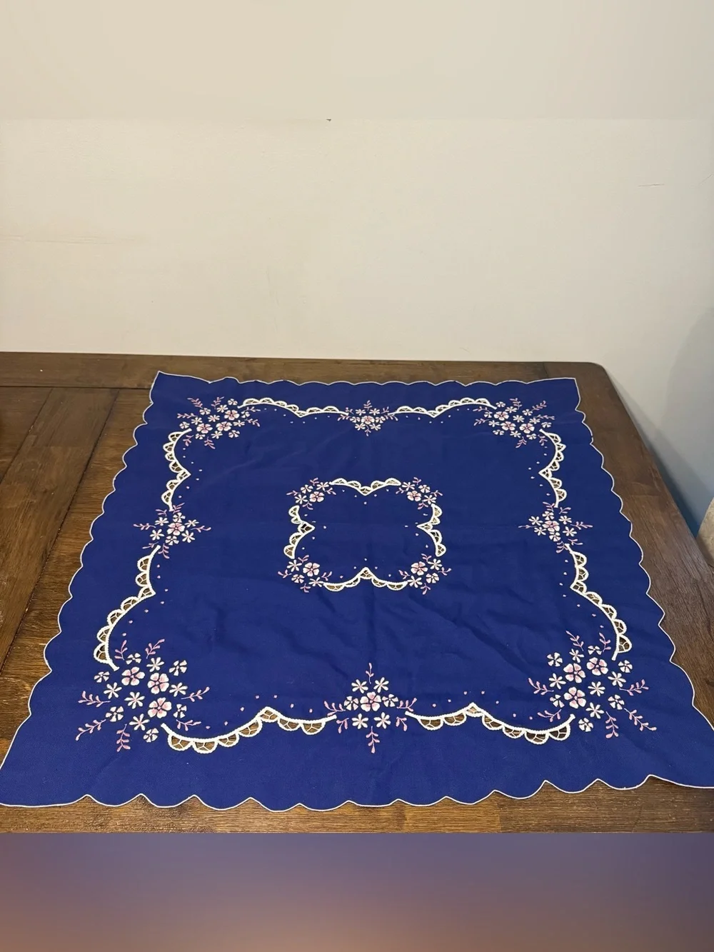 Vintage Royal Blue Tablecloth With Exquisite White Embroidery Cutwork 32.5”x32.5